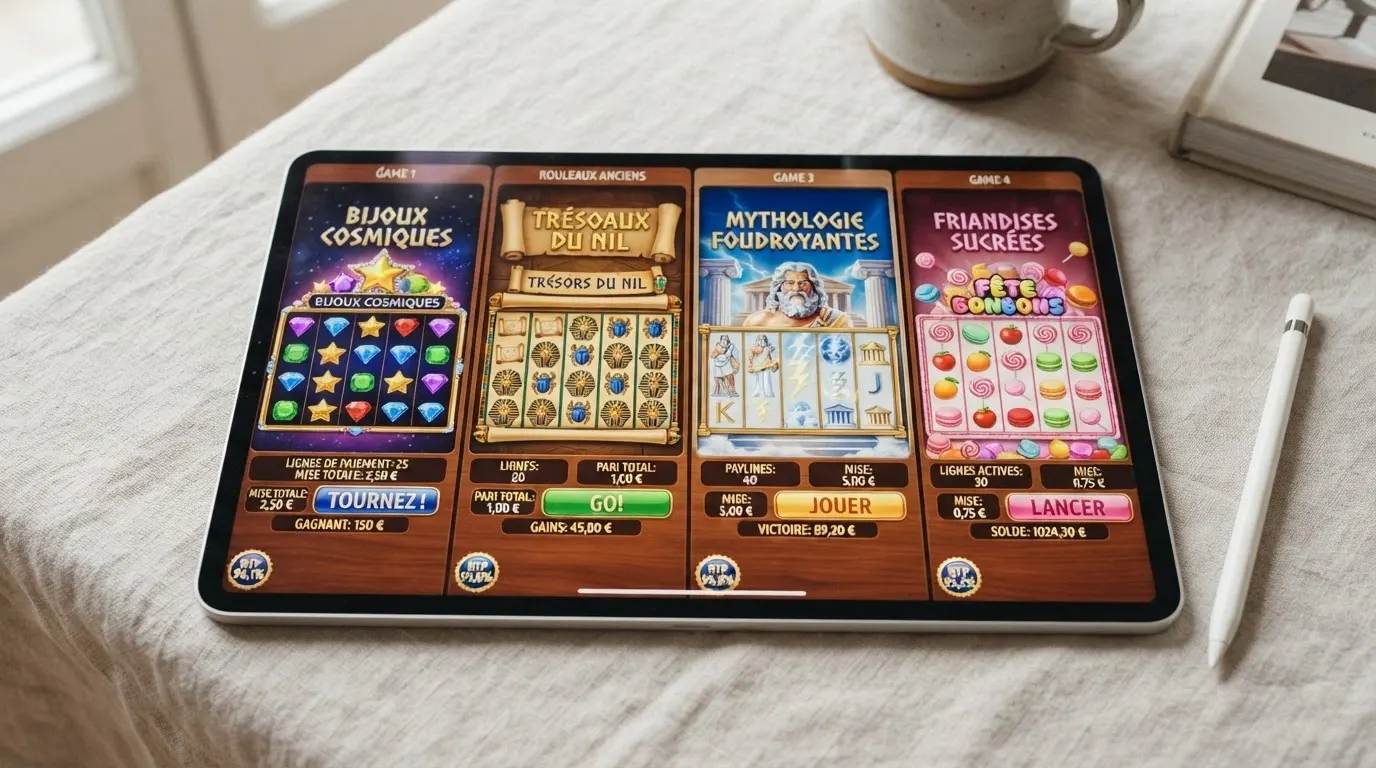 Une sélection des slots les plus populaires en mode démo côte à côte : Starburst, Book of Dead, Gates of Olympus et Sweet Bonanza, chacune affichant son RTP