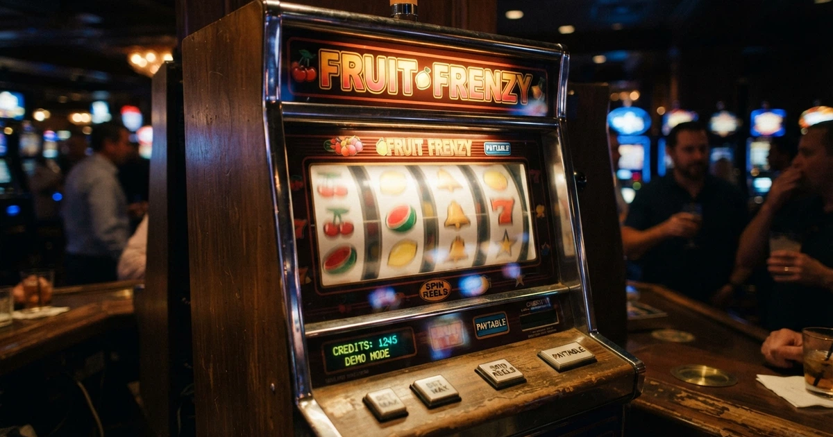 Interface d'une machine à sous Merkur en mode démonstration, affichant des rouleaux colorés et des symboles de fruits sur un fond de casino