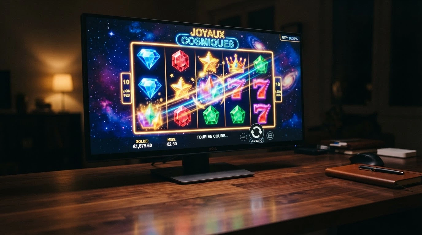Écran de jeu de la machine à sous Starburst avec ses gemmes multicolores sur une grille 5×3 et l'indicateur de RTP en surimpression