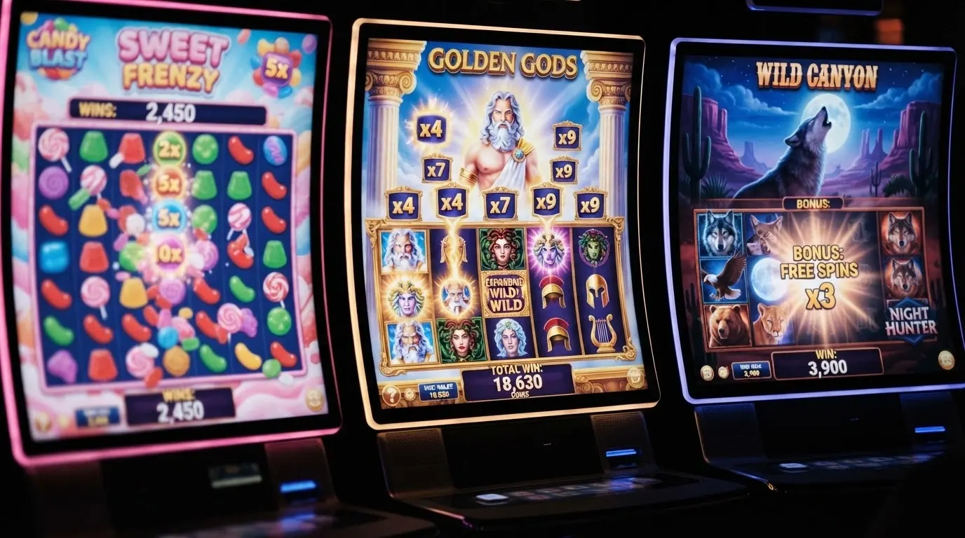 Écrans de jeu de trois machines à sous Pragmatic Play côte à côte : Sweet Bonanza, Gates of Olympus et Wolf Gold