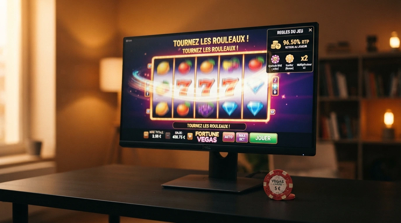 Écran de machine à sous en ligne affichant la table des gains, le taux de redistribution et les rouleaux en cours de rotation