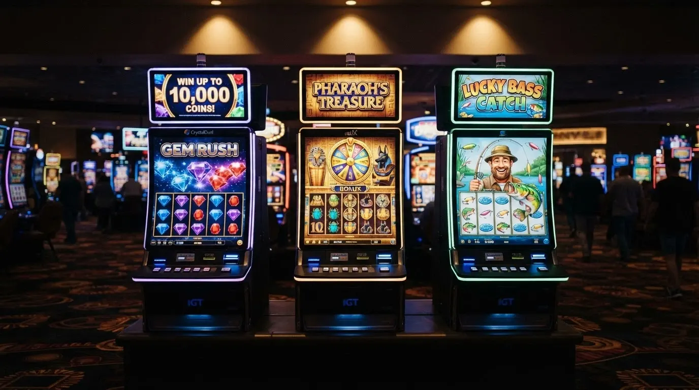Trois machines à sous côte à côte : Starburst aux gemmes, Book of Dead au sarcophage égyptien, Big Bass Bonanza au pêcheur