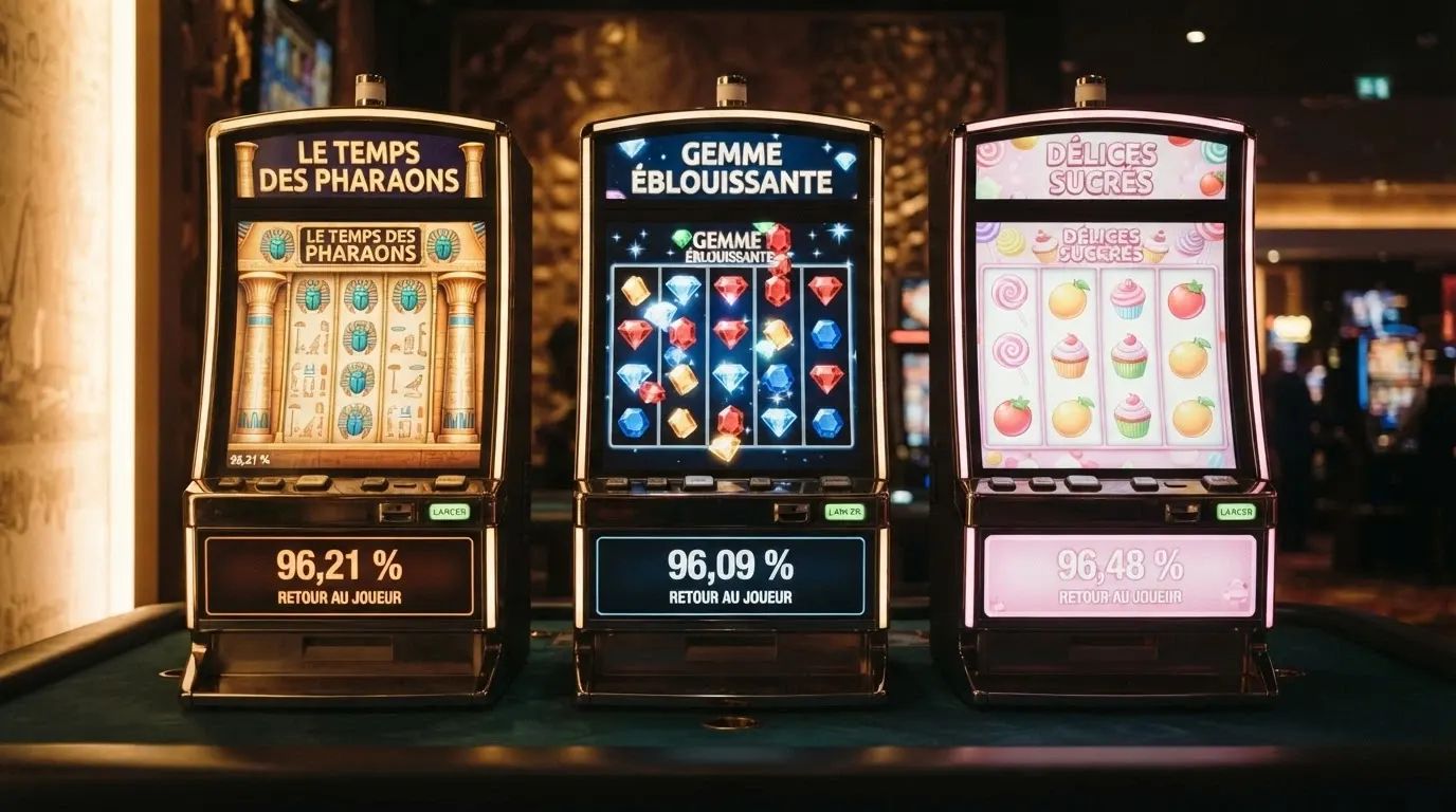 Une mosaïque de trois machines à sous emblématiques (Book of Dead, Starburst, Sweet Bonanza) en animation