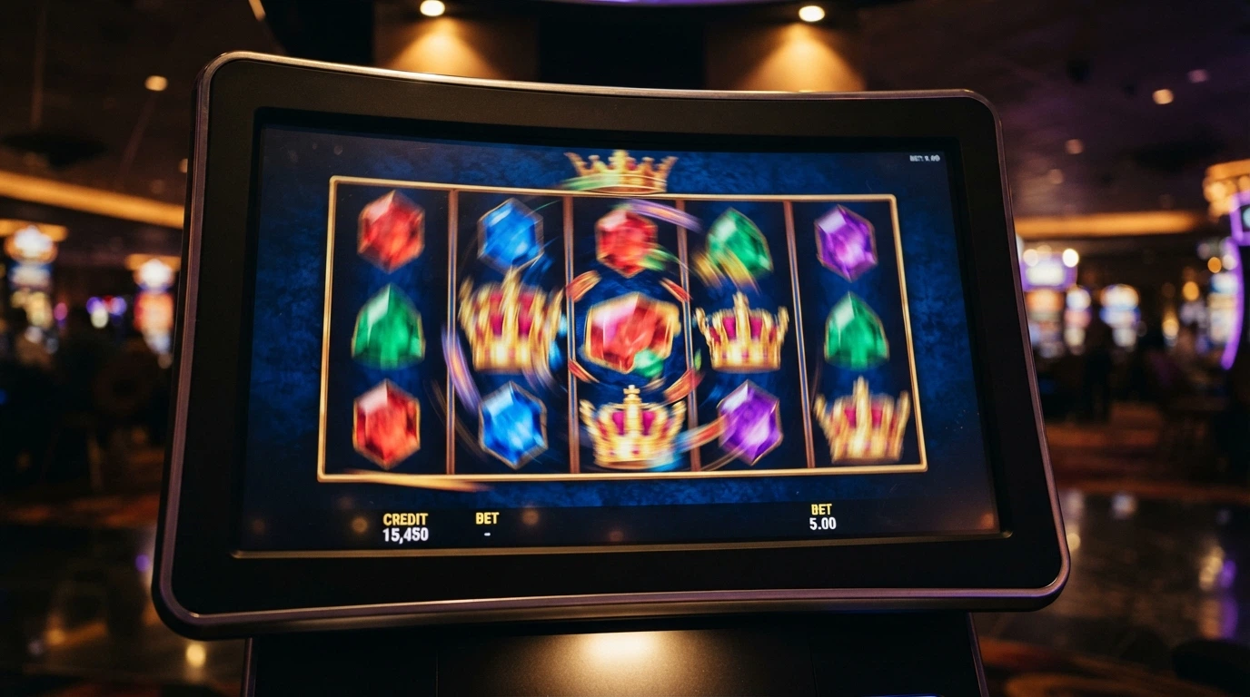 Grille de machines à sous colorées avec un bandeau Trustly en surimpression, écran de casino en arrière-plan