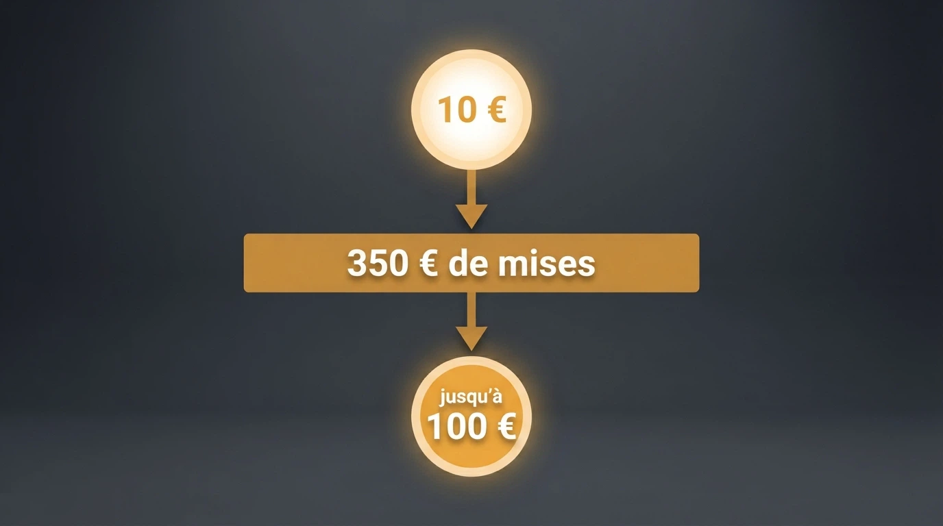 Schéma comparatif montrant le parcours d'un bonus sans dépôt de 10 € avec un wagering x35 — du crédit initial au montant réellement retirable après conditions