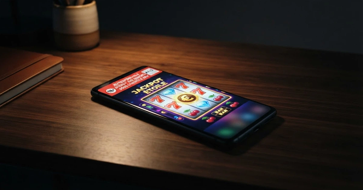 Un écran de smartphone affichant une interface de casino mobile, une icône d'appli barrée d'un ruban ANJ et un téléphone posé sur un fond sombre