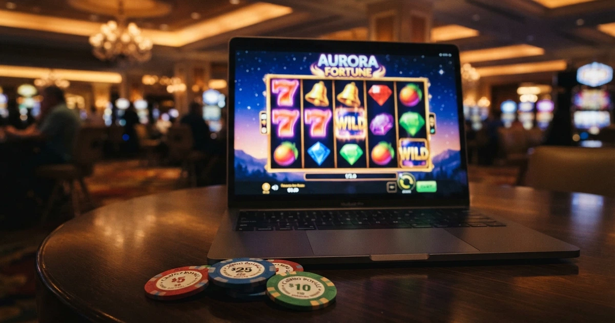 Illustration d'une offre de bonus de bienvenue sur l'écran d'un casino en ligne avec des jetons, un pourcentage de match et des icônes de machines à sous