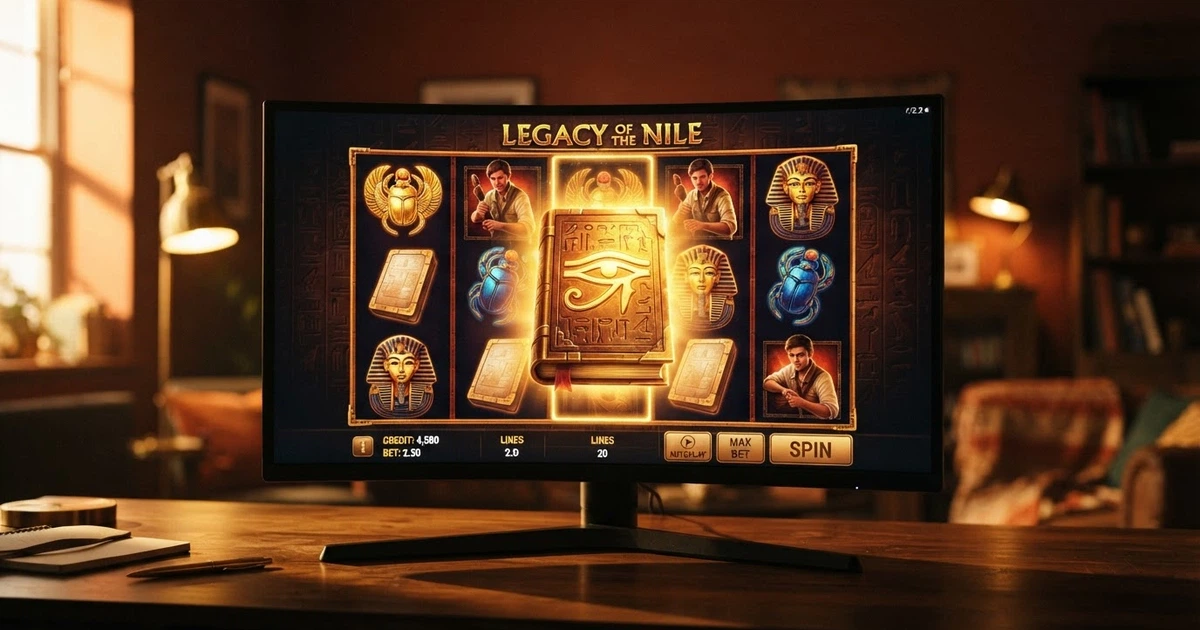Capture d'écran du jeu Book of Ra Deluxe montrant les cinq rouleaux, les symboles égyptiens et le Livre doré au centre de l'écran