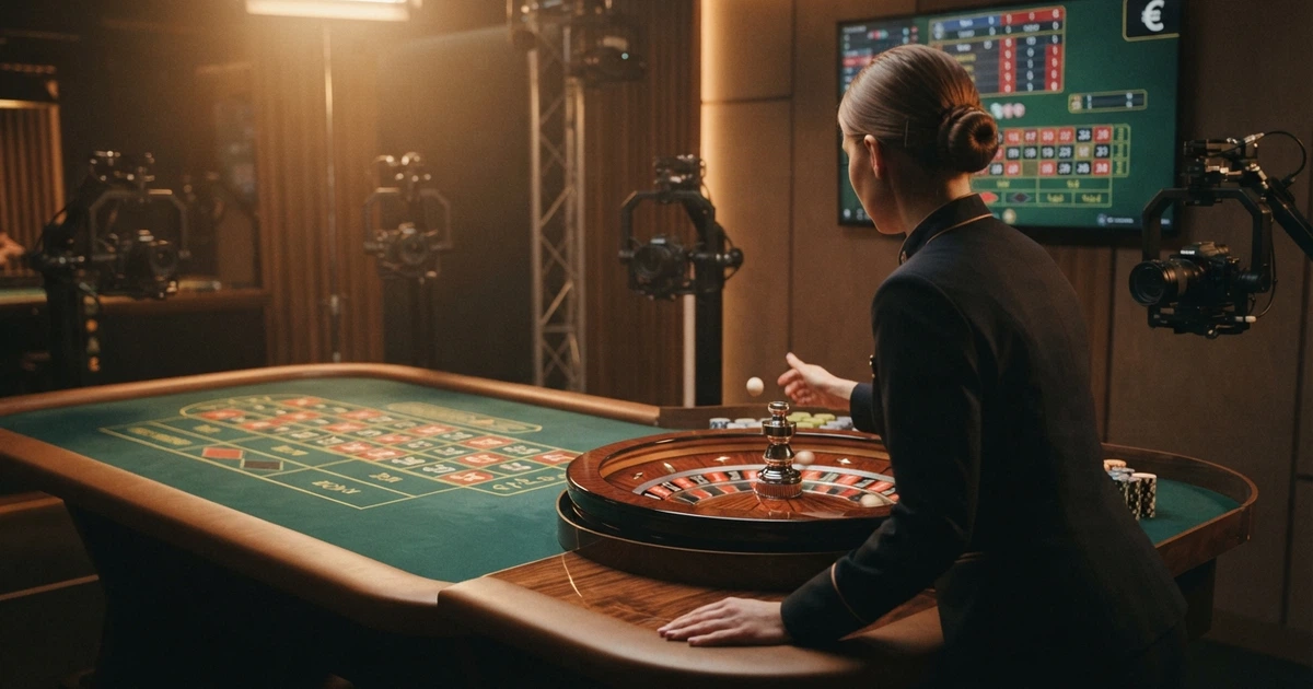 Table de casino en direct avec croupier, écran de jeu et interface de chat