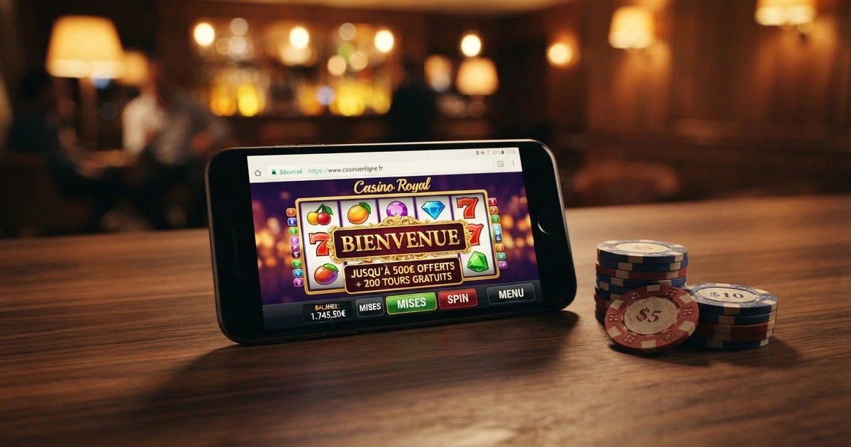 Interface d'un casino en ligne affichant une grille de machines à sous colorées, un bandeau de bienvenue et un cadenas de sécurité dans la barre d'adresse