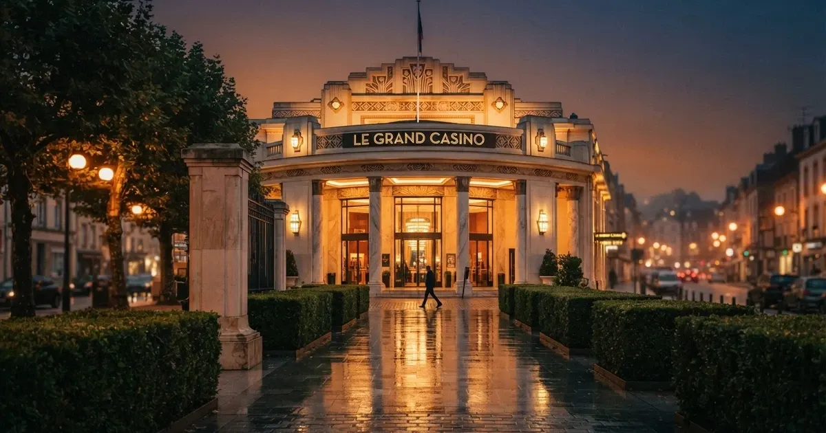Façade illuminée d'un casino terrestre français avec enseigne lumineuse, entrée principale et allée d'accès