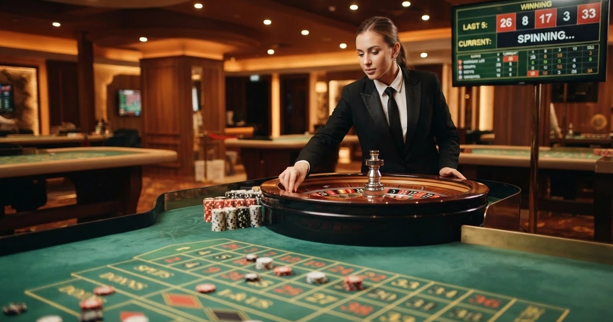 Une table de roulette en direct filmée en plan large, un croupier professionnel lance la bille, écran de jeu affichant les mises et l'historique des numéros