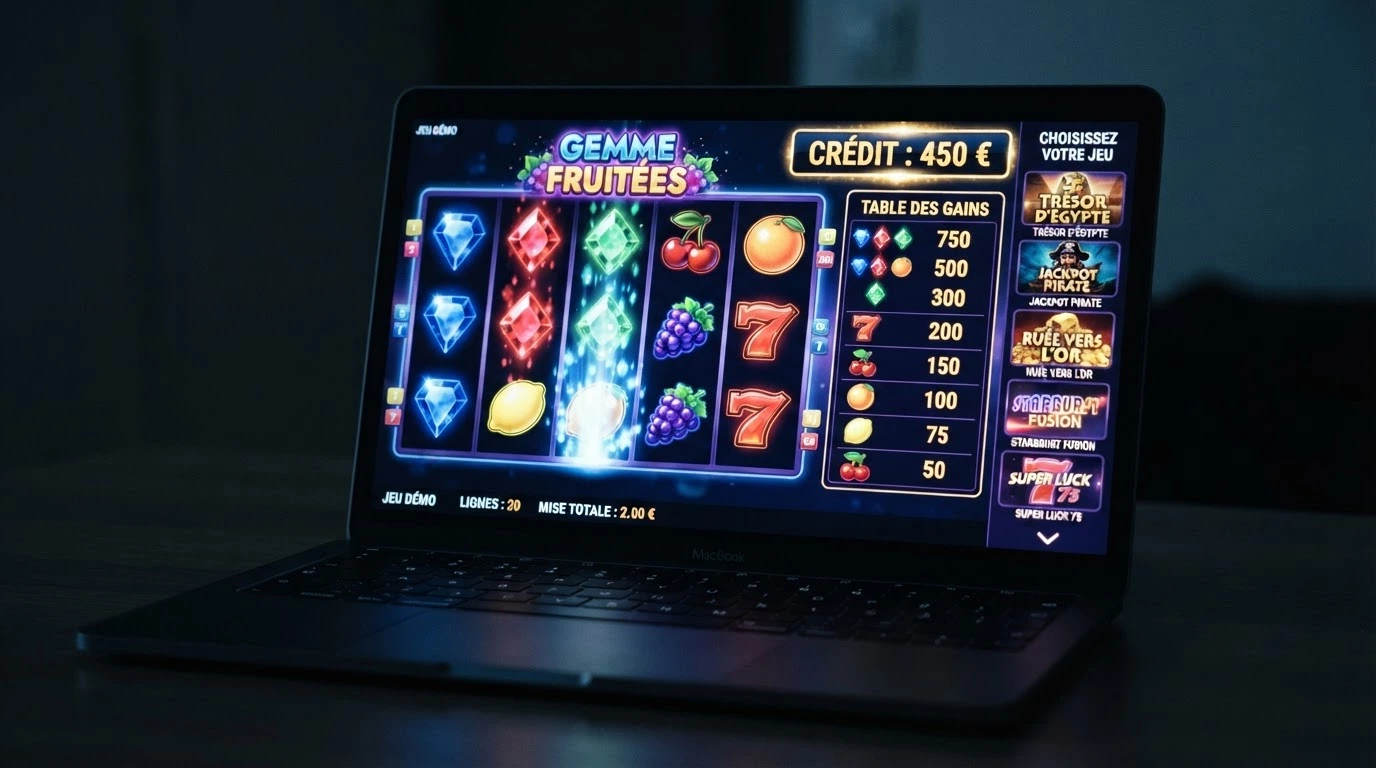 Écran de jeu d'une machine à sous gratuite en mode démo montrant les rouleaux, le solde en crédits virtuels et le tableau des gains, aux côtés de vignettes de Starburst, Book of Dead et Gates of Olympus