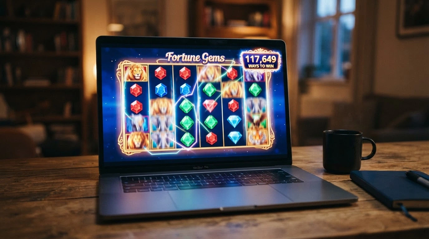 Écran de jeu montrant l'interface d'une machine à sous Megaways avec l'affichage du nombre de façons de gagner en évidence, sur fond de grille dynamique colorée.