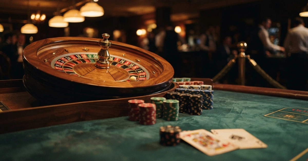Roue de roulette, jetons et cartes à jouer posés sur un tapis de jeu vert