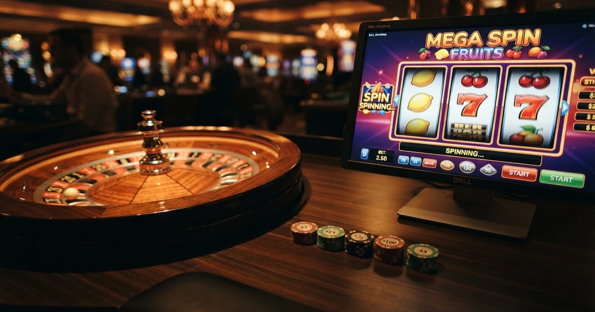 Interface d'un casino en ligne affichant une roulette, des machines à sous et des jetons sur fond sombre