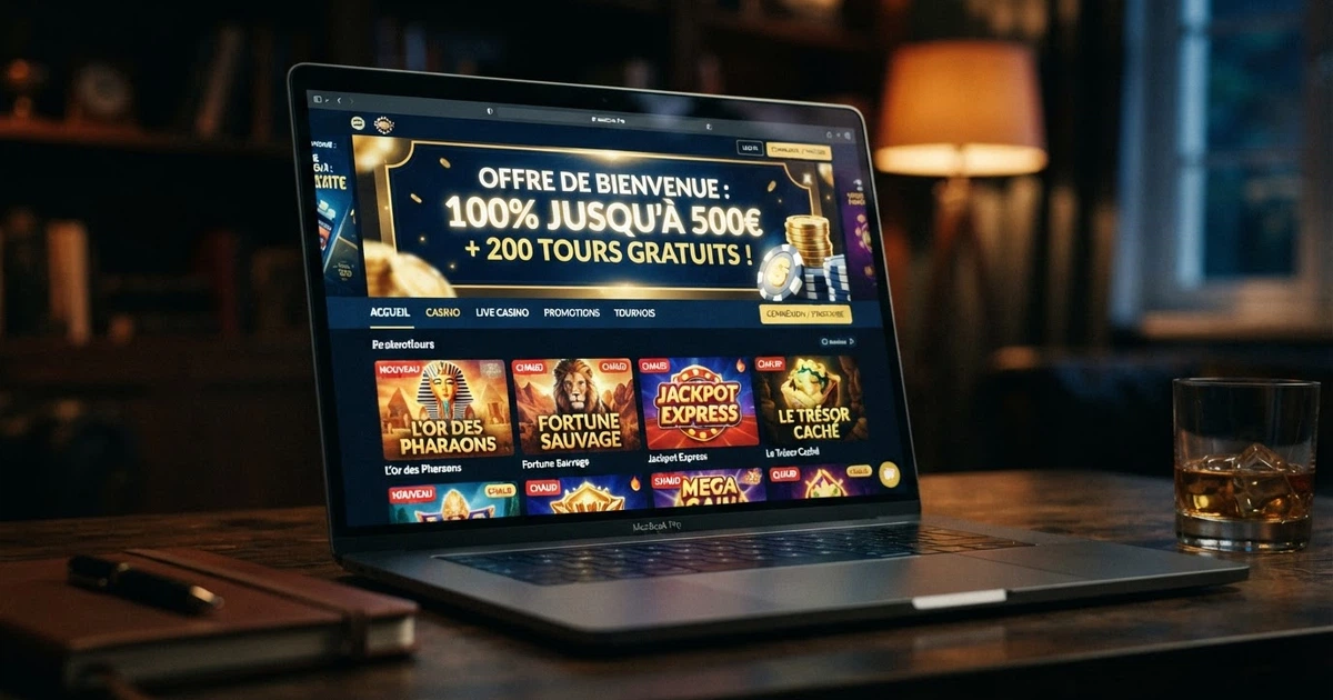 Une page d'accueil de casino en ligne affichant des bonus agressifs, sans mention visible de la licence française absente