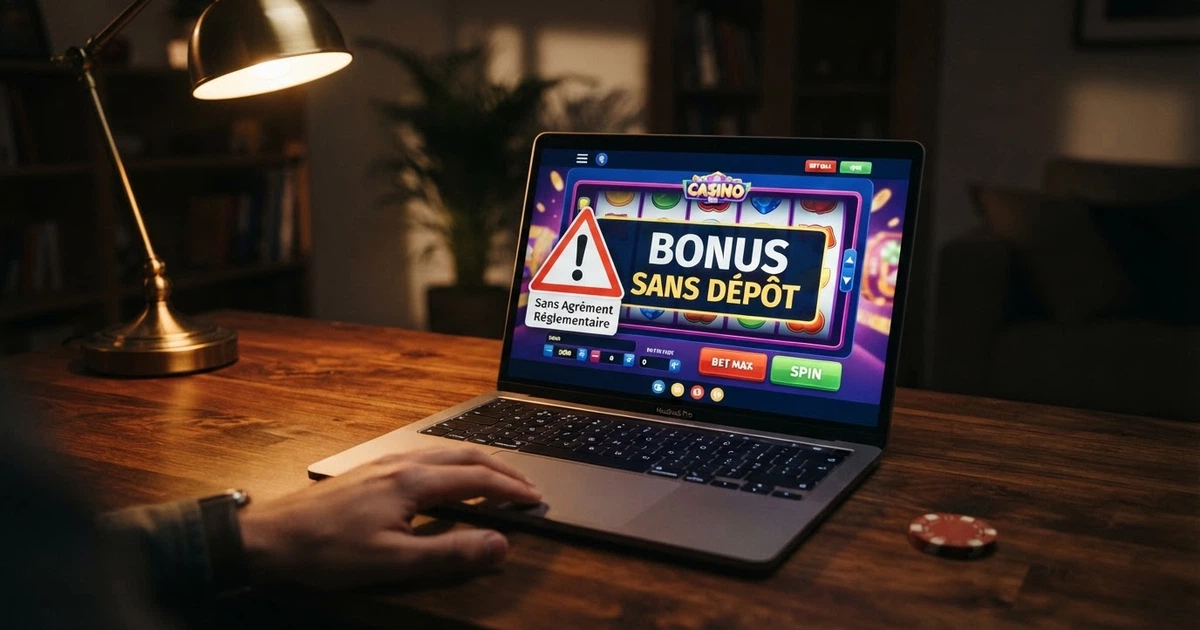 L'interface d'un casino en ligne affichant une offre de bonus sans dépôt, avec un bandeau d'avertissement sur l'absence d'agrément ANJ