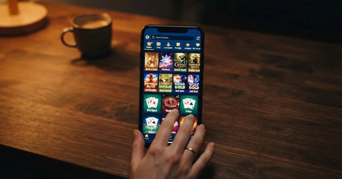 Écran d'iPhone affichant la page d'accueil d'un casino en ligne dans Safari, avec des vignettes de machines à souris et de jeux de table