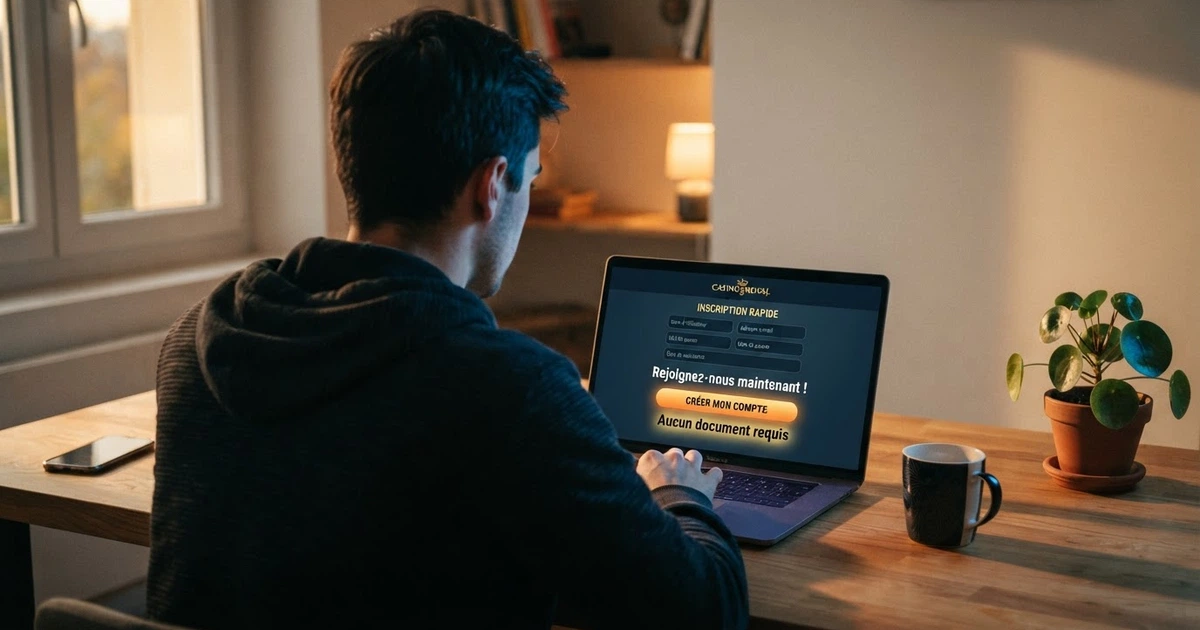 Interface d'un casino en ligne affichant une page d'inscription sans champ de vérification d'identité, avec l'indication « Aucun document requis »
