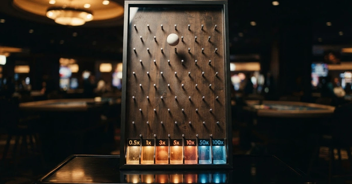 Une bille blanche suspendue au-dessus d'un tableau de Plinko coloré à colonnes et multiplicateurs, sur fond de casino en ligne