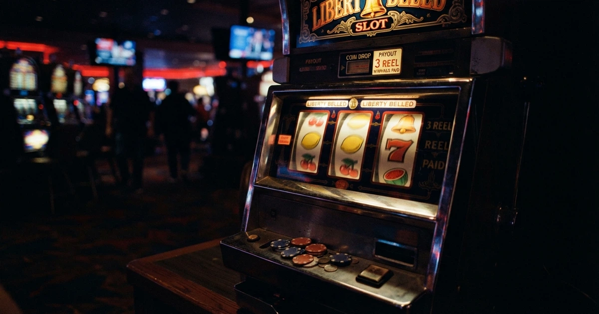 Rouleaux de machine à sous en ligne illuminés avec symboles de fruits, cloche et chiffre 7, sur fond de casino virtuel sombre