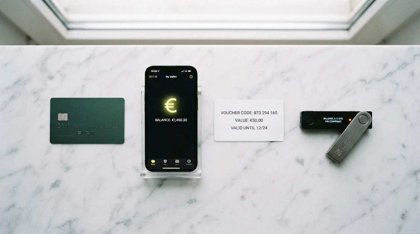 Un éventail de moyens de paiement disposés côte à côte : une carte bancaire, un smartphone affichant un portefeuille électronique, un code Paysafecard et une clé USB symbolisant la crypto.