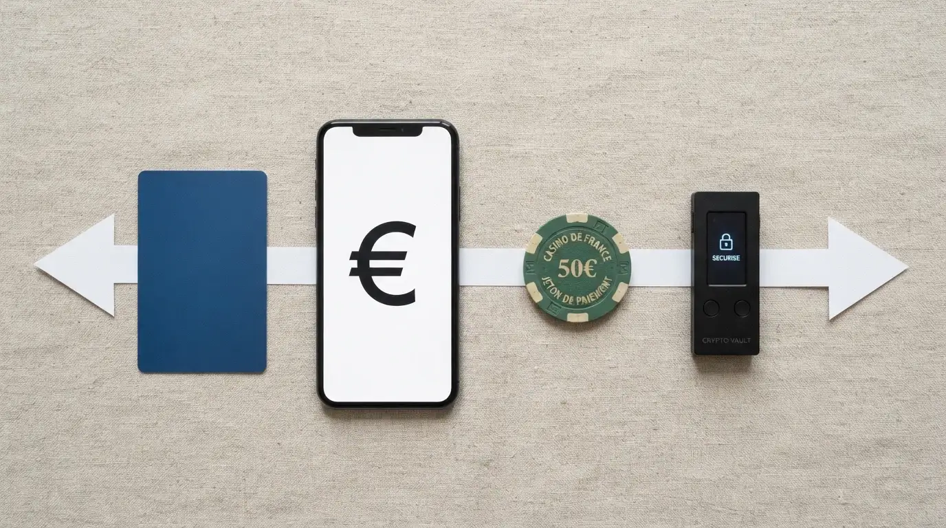 Plusieurs moyens de paiement (carte bancaire, portefeuille électronique, crypto-monnaie) alignés, avec une flèche symbolisant le transfert