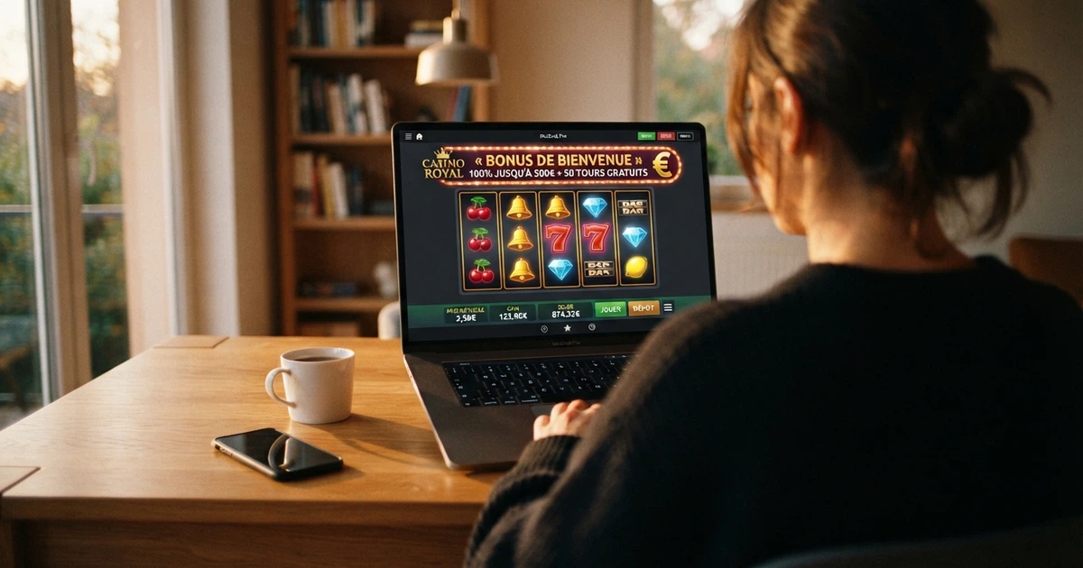 Interface d'un nouveau casino en ligne affichant une grille de machines à sous colorées et un bandeau de bonus de bienvenue en français