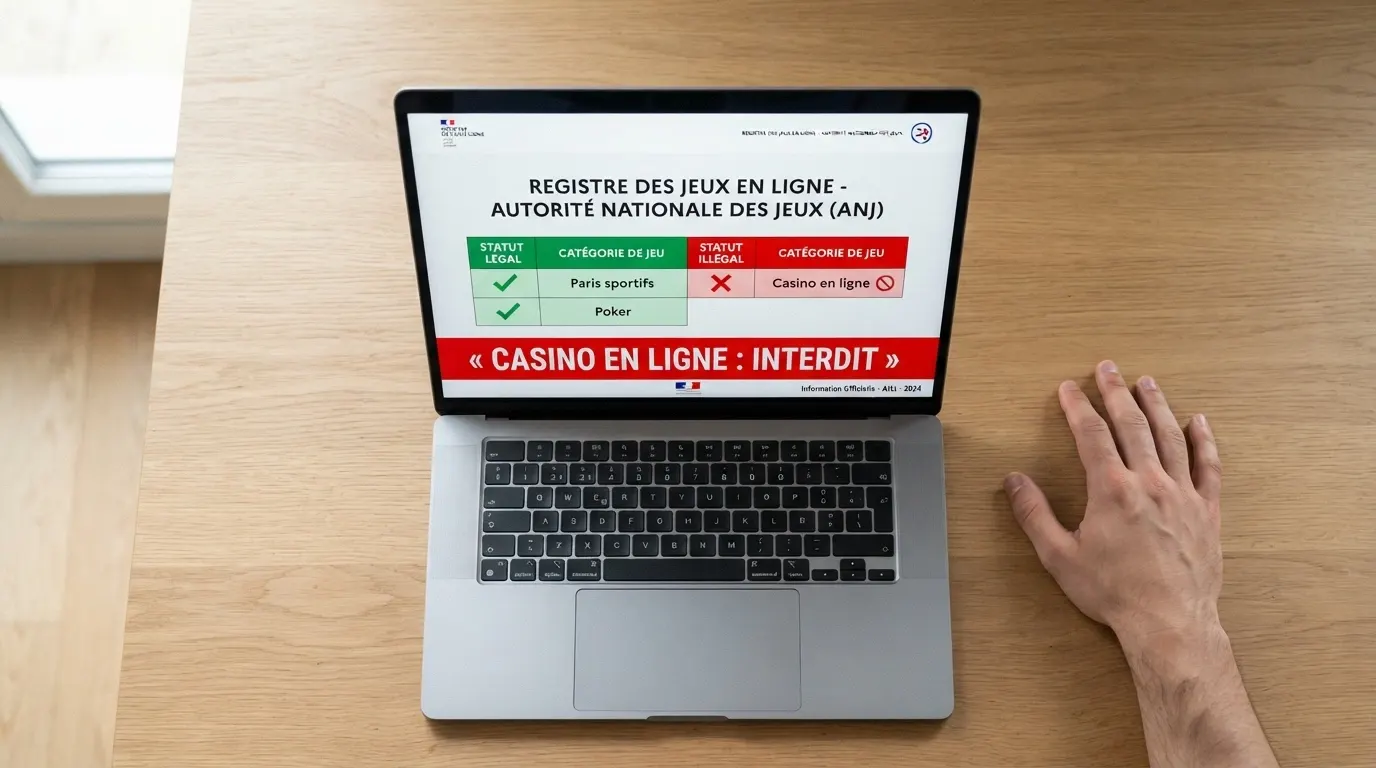 Capture d'écran du site de l'ANJ affichant le registre des opérateurs agréés et un bandeau d'avertissement sur l'offre illégale de casino en ligne