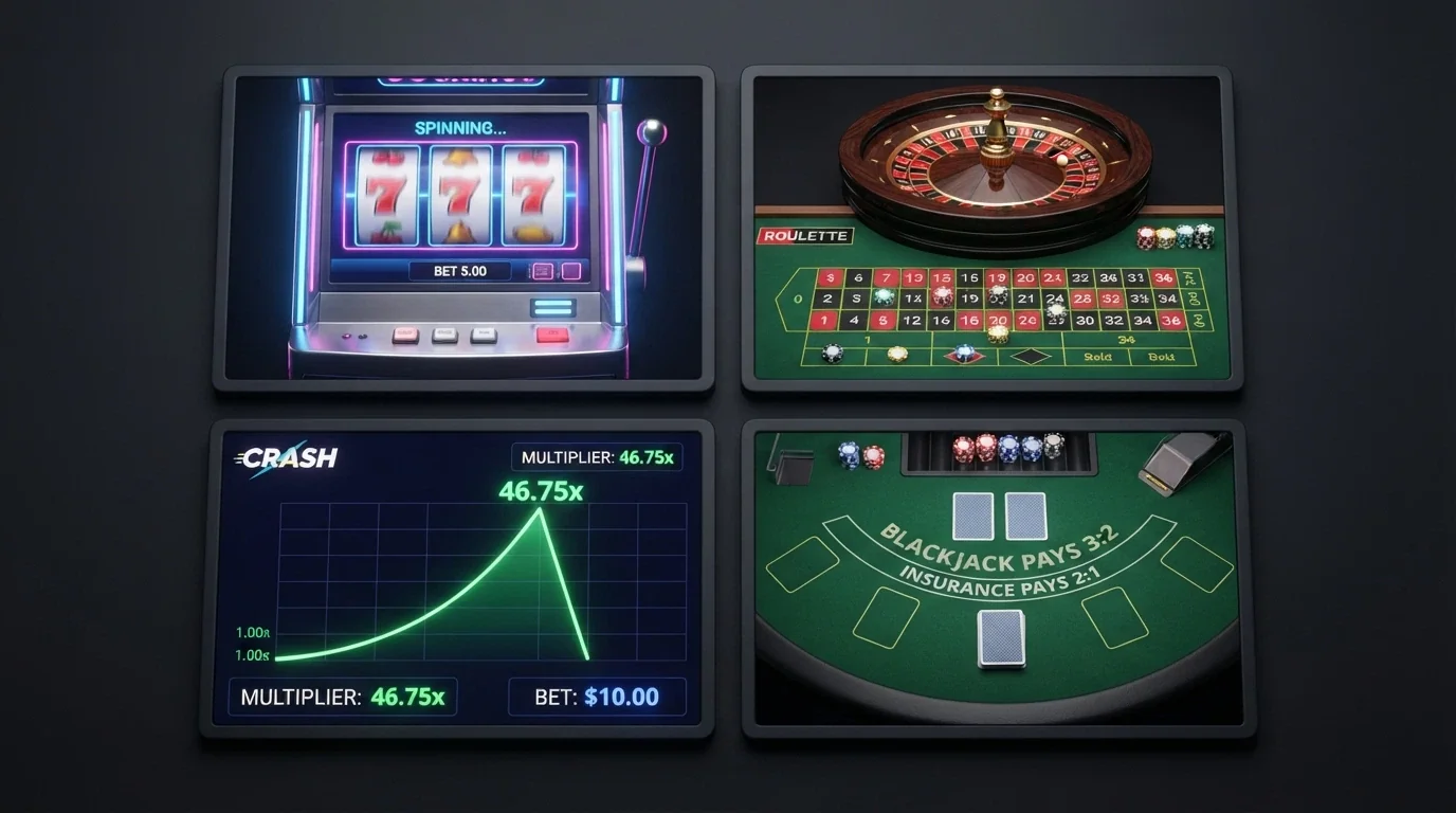 Une mosaïque de vignettes de jeux de casino en ligne : machine à sous, table de roulette, interface de crash game, croupier en direct