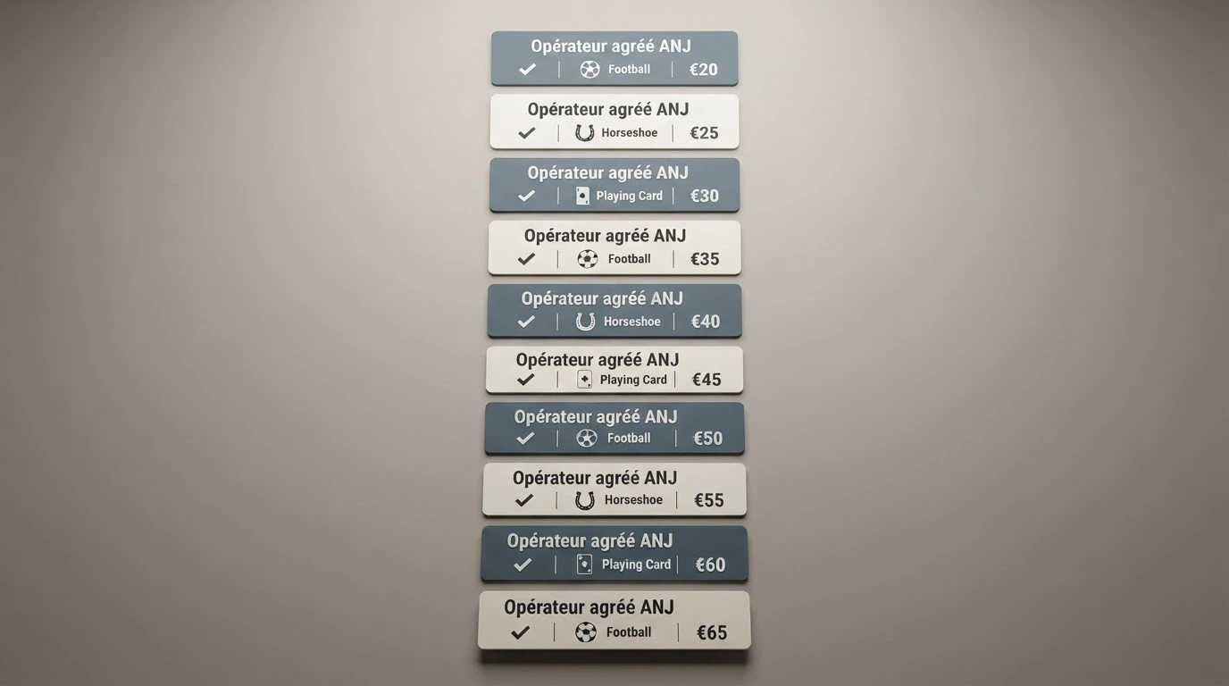 Tableau comparatif des dix opérateurs agréés ANJ acceptant le virement bancaire, avec les colonnes de licence, catégories de jeux et offres de bienvenue