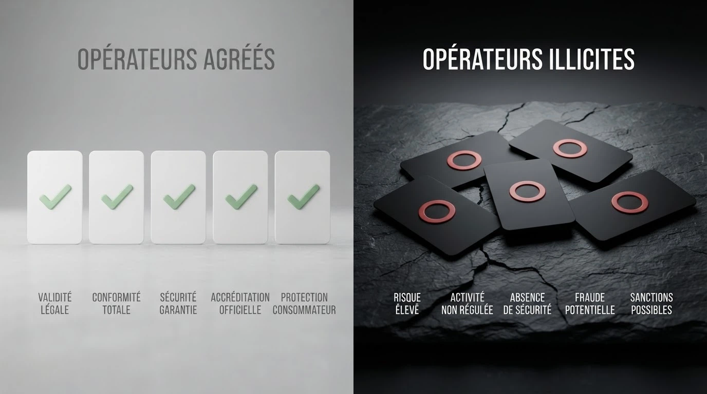 Écran partagé en deux colonnes : à gauche, les logos des cinq opérateurs agréés ANJ sur fond clair et structuré ; à droite, les logos de cinq casinos sans agrément sur fond sombre et fragmenté