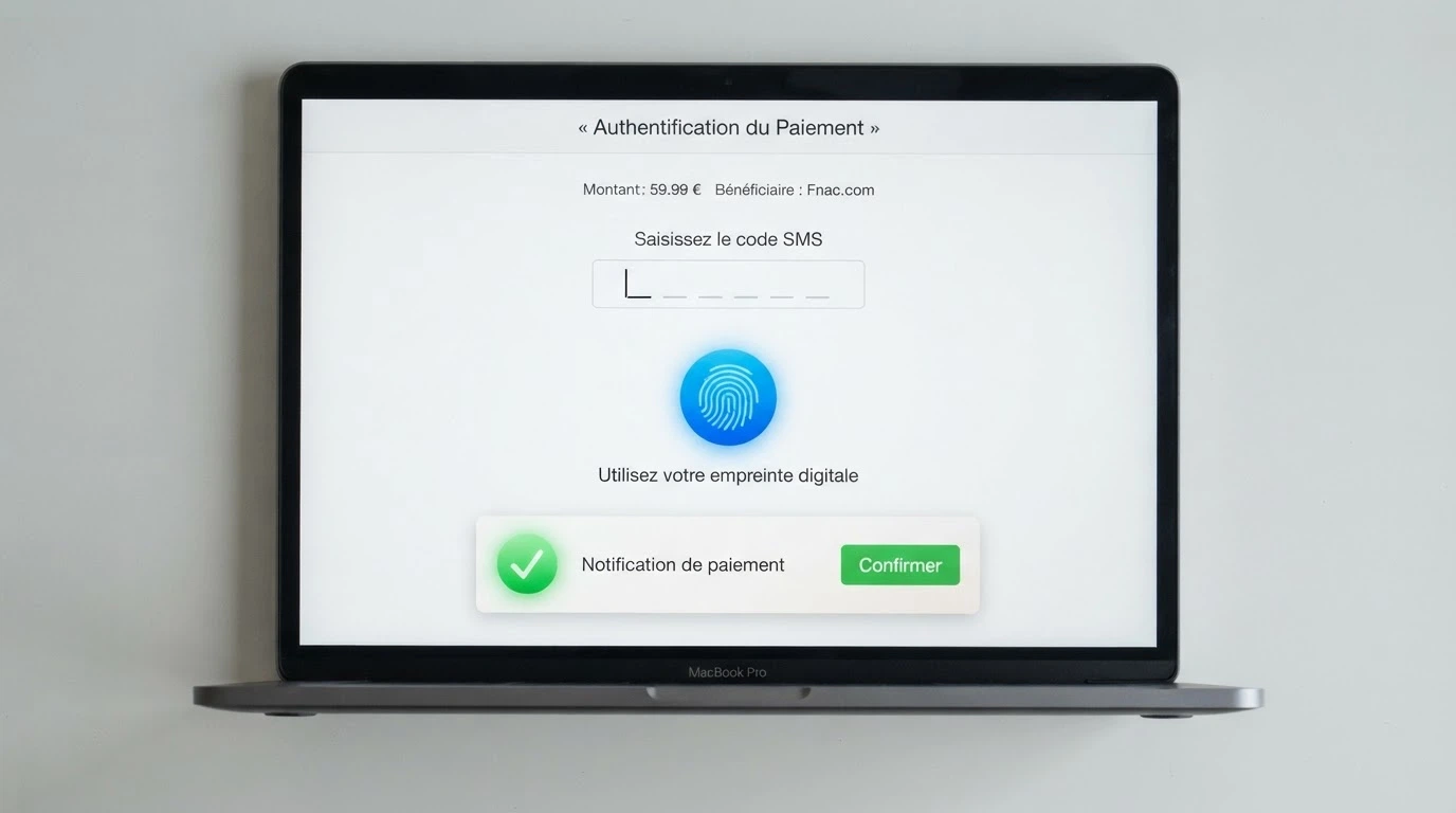 Une interface de paiement en ligne affichant les trois méthodes de validation : code SMS, empreinte digitale et notification bancaire, avec le logo DSP2 en filigrane