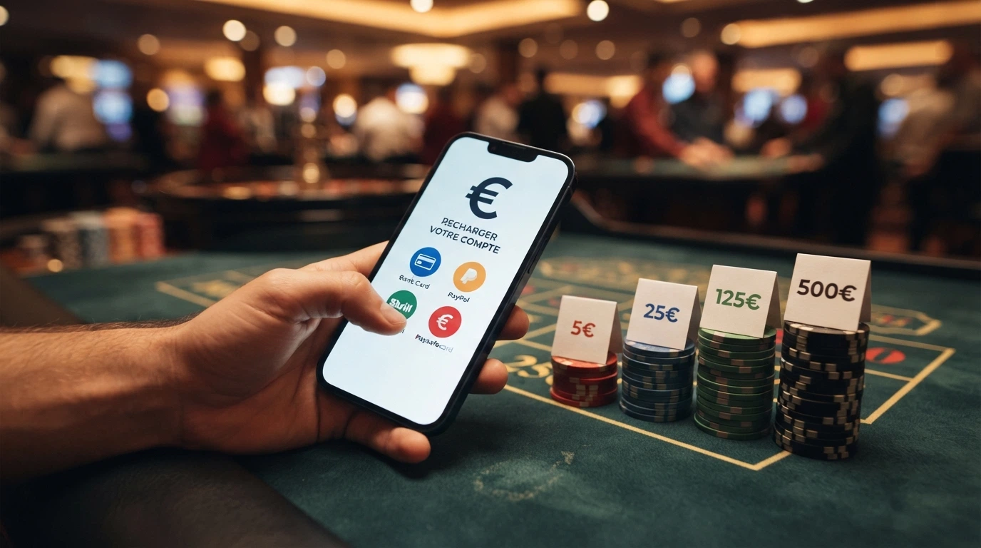 Une main dépose des pièces de 1, 5, 10 et 20 euros sur quatre emplacements distincts d'un écran de casino, chaque emplacement affichant des méthodes de paiement différentes.