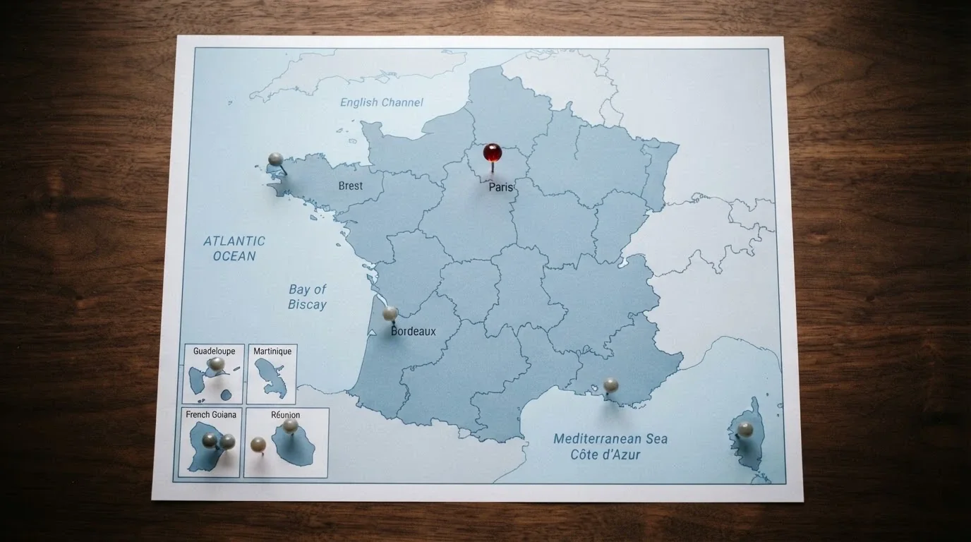 Une carte de la France avec des marqueurs représentant les différentes plateformes de bingo : un marqueur central pour la FDJ, des marqueurs périphériques pour les sites offshore