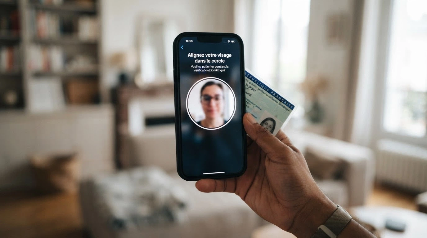 Un smartphone affichant l'interface de vérification d'identité par selfie dynamique, un document d'identité tenu à côté pour comparaison