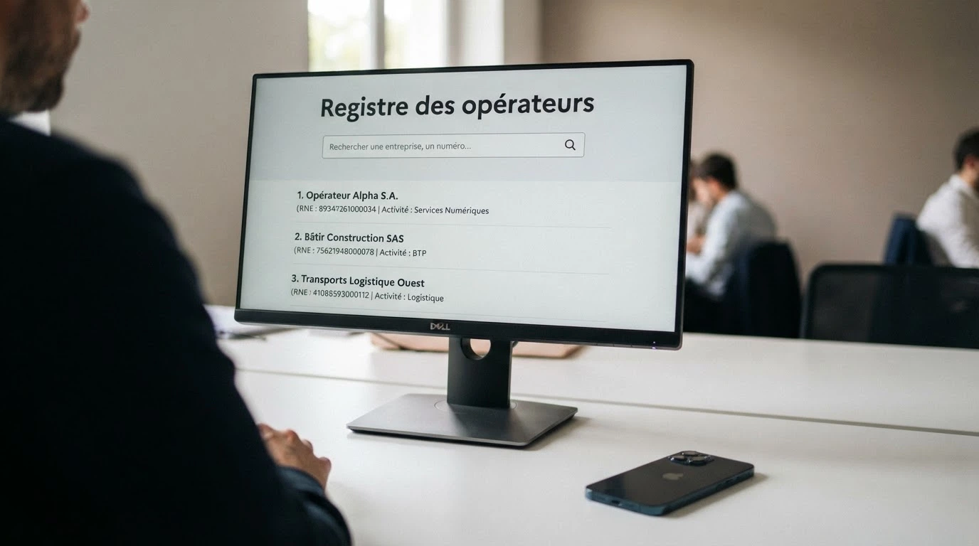 Écran d'ordinateur affichant le registre des opérateurs agréés de l'ANJ, un smartphone posé à côté