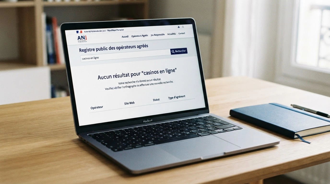 Capture d'écran du registre public des opérateurs agréés sur le site anj.fr, ne listant aucun casino en ligne