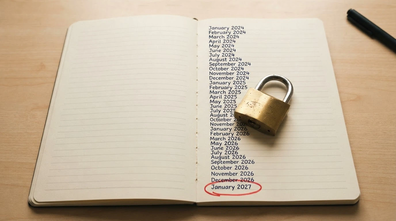 Un calendrier ouvert à une page marquée d'un cercle rouge trois ans plus tard, un cadenas posé sur la période intermédiaire