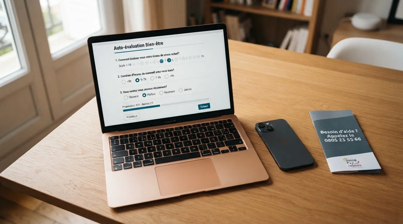 Un bureau calme avec un ordinateur ouvert sur une page d'auto-évaluation, un téléphone à côté, et une brochure mentionnant une ligne d'aide