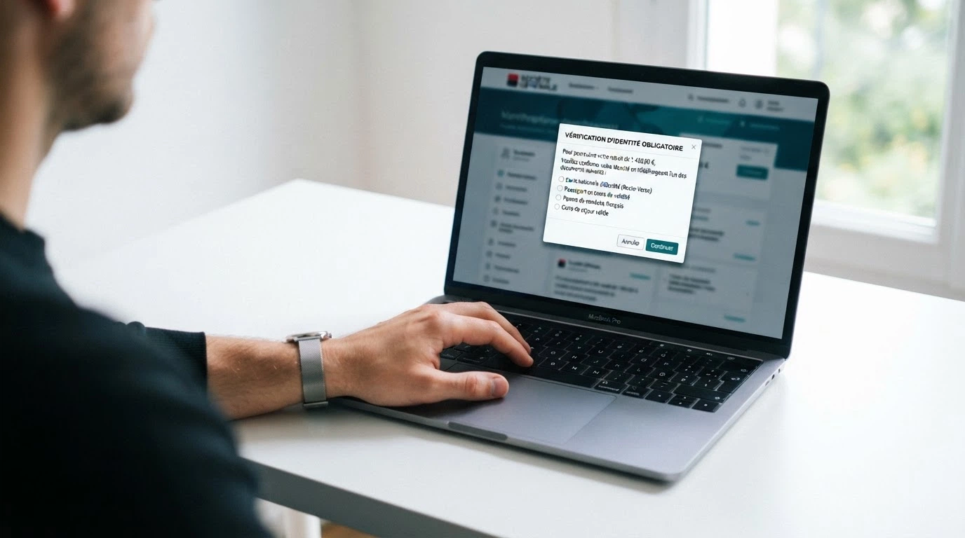 Écran de casino en ligne affichant un message de vérification d'identité requis avant retrait, avec une liste de documents demandés
