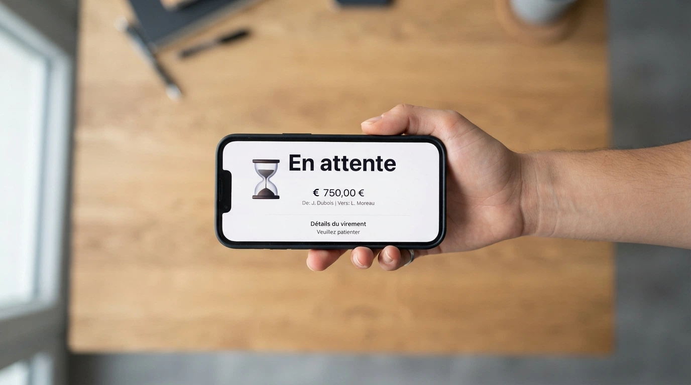 Une main tenant un smartphone affiche une notification de virement bancaire avec le statut « en attente », un sablier superposé à l'écran.