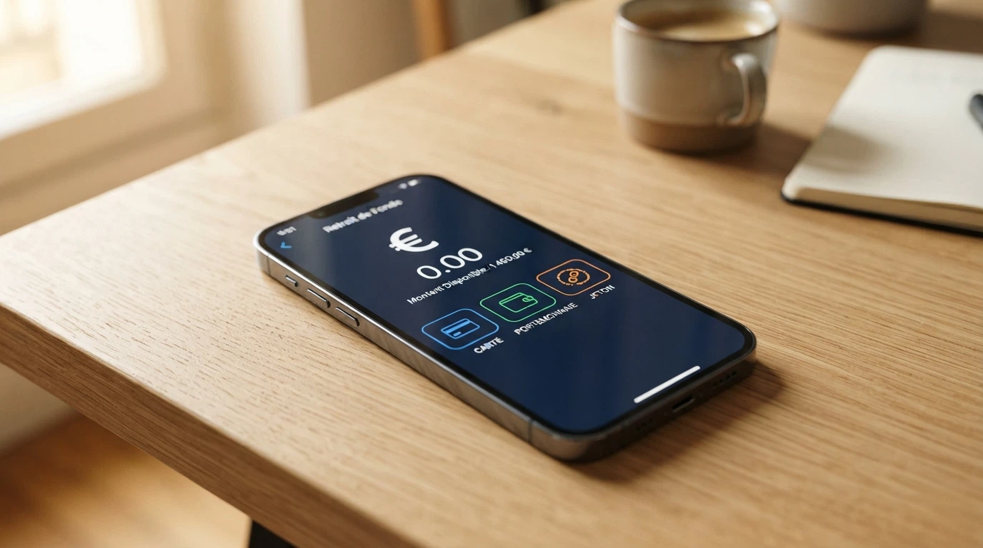Téléphone affichant une interface de paiement en ligne avec les logos de méthodes de retrait (Visa, Mastercard, Skrill, crypto)