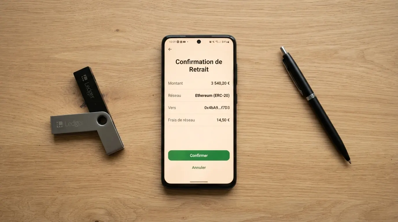 Interface d'un portefeuille de cryptomonnaie affichant une transaction de retrait depuis un casino en ligne, avec le détail du réseau et du montant