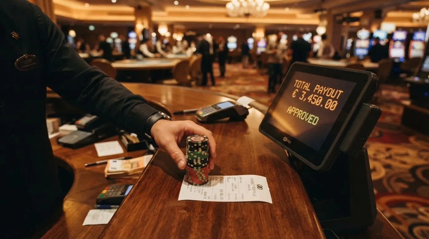 Un joueur recevant ses gains en liquide au guichet d'un casino, un employé comptant des billets devant un terminal de caisse