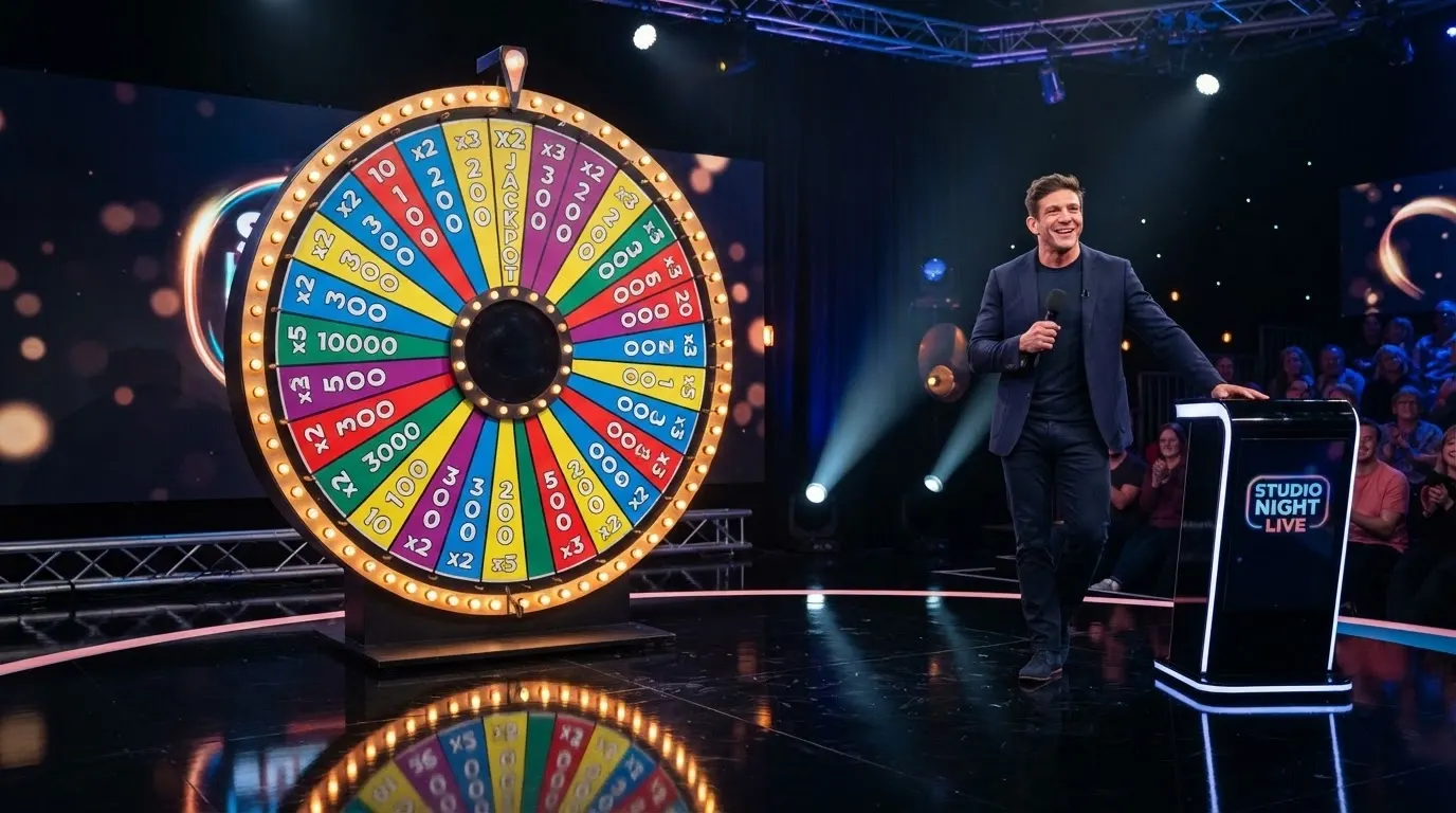 La roue verticale du jeu Crazy Time dans un studio Evolution Gaming, segments colorés et multiplicateurs visibles, présentateur debout à côté