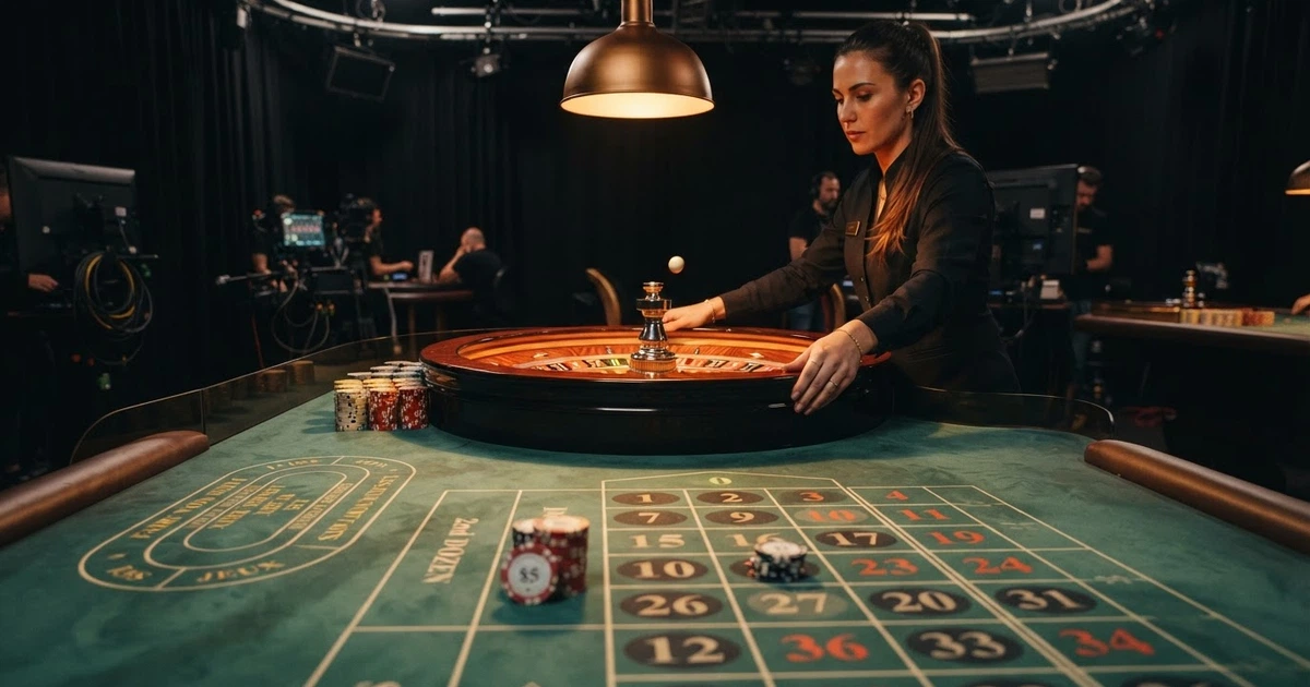 Une table de roulette en direct filmée en plan large, avec un croupier en tenue de casino actionnant le cylindre, la bille visible sur la piste, et le tapis de mise au premier plan
