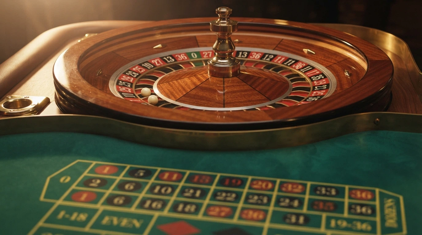 Un cylindre de roulette européenne avec la bille arrêtée sur un numéro, tapis de jeu visible