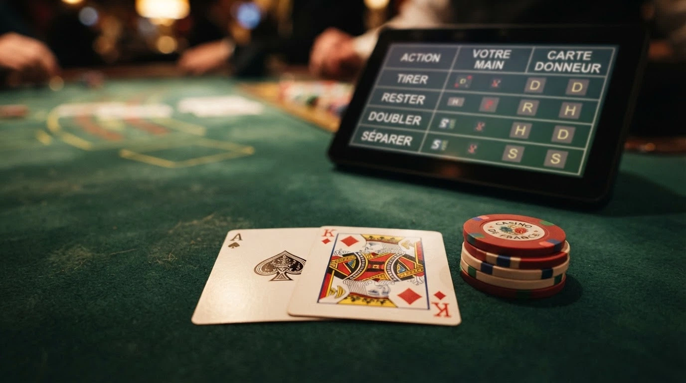 Un plan serré sur une main de blackjack : un As et un Roi posés sur le tapis vert, des jetons empilés dans le cadre, le tableau de stratégie de base affiché sur un second écran en arrière-plan flou